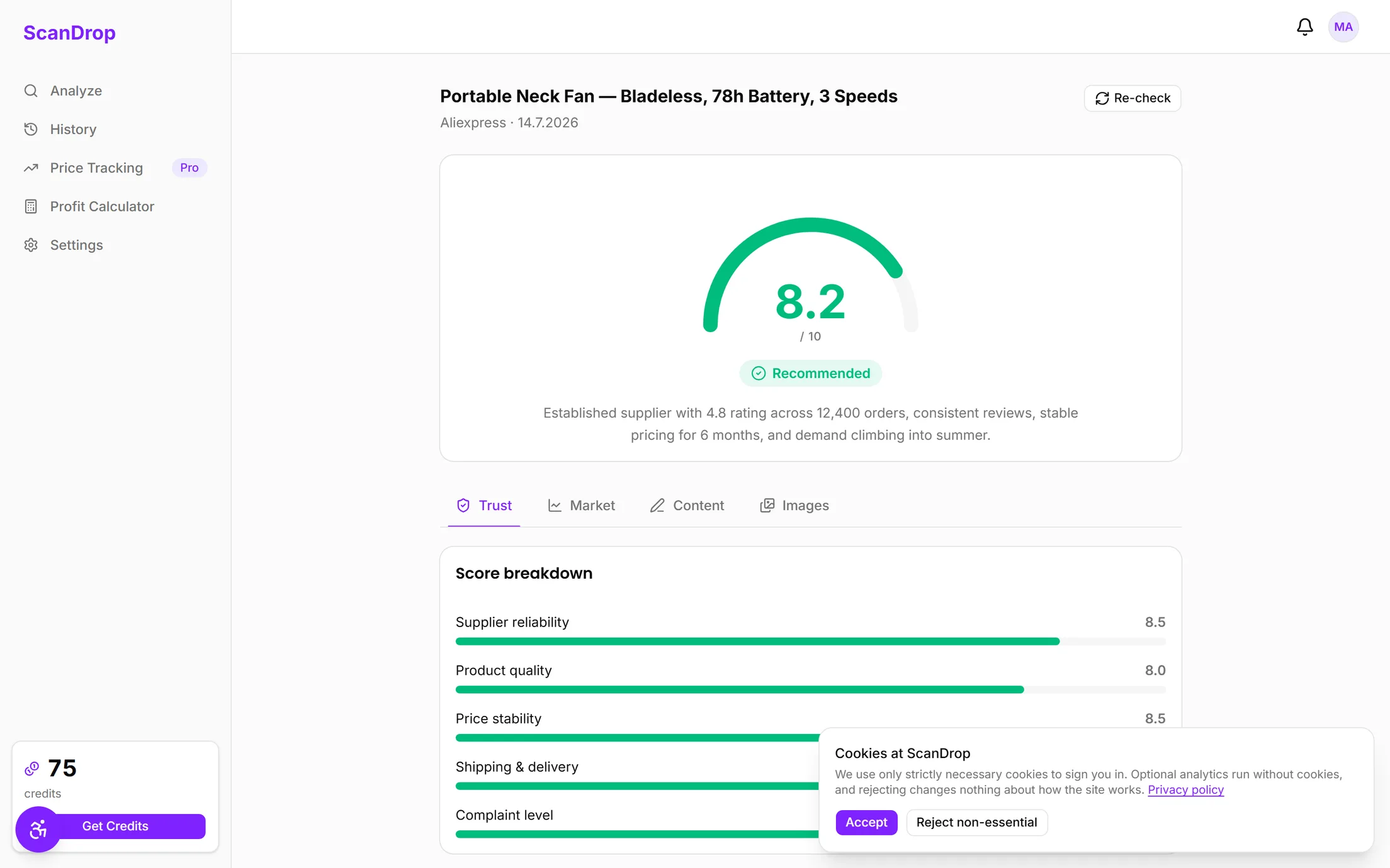ScanDrop Trust report showing the trust score gauge, sub-scores, and supplier analysis